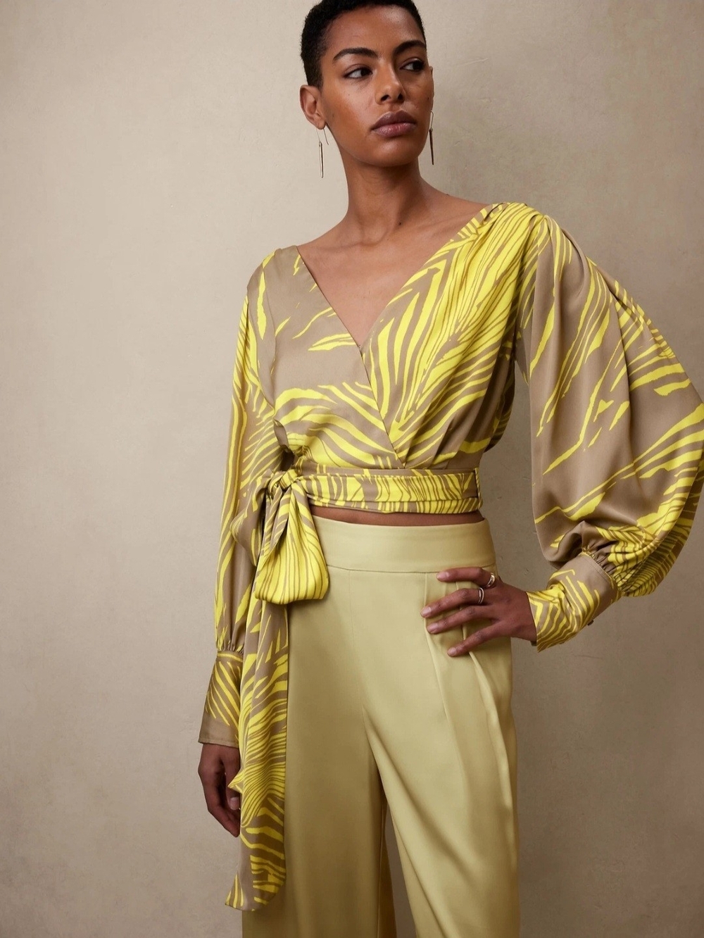 Banana Republic Yellow and Taupe Tropical-Print Wrap Blouse